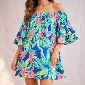 Lilly Pulitzer Dress Womens XS Blue Pink Floral Off Shoulder Ruffle Tiered Mini